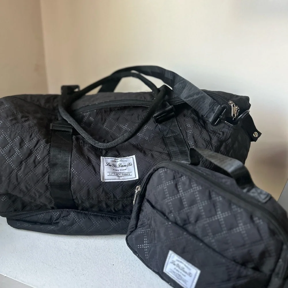 2 pcs set Black Quilted Duffel Bag Set travel bags